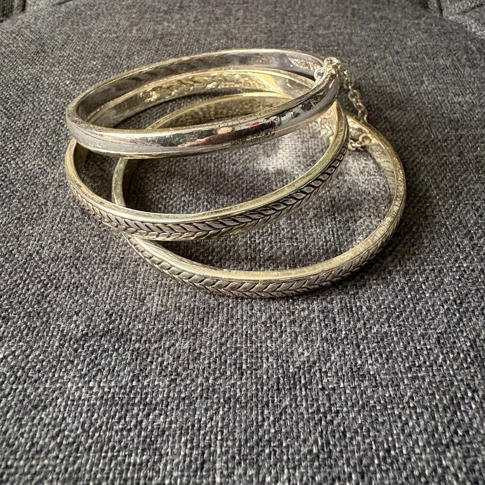 Silver Stacked Chunky Bangles Fashion Bracelets - Set of 3 - Costume Jewelry